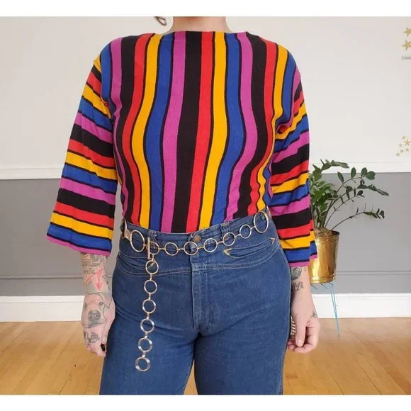 60s/70s Aileen Colorful Striped Bell Sleeved Tunic - Picture 2 of 6